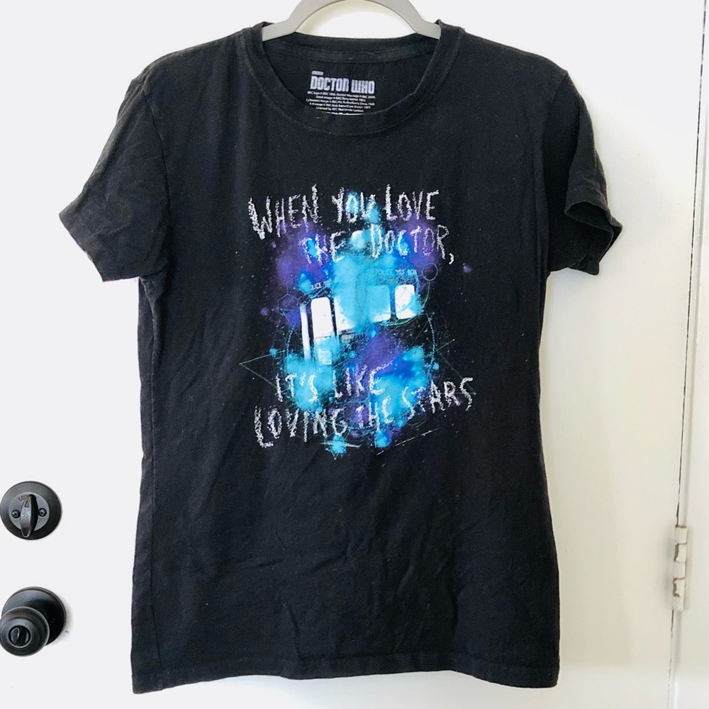 BBC Dr Who Graphic T-Shirt Women’s XL “When You Love The Doctor…” Stars Tee